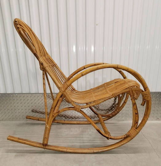Vintage Rattan Bamboo Bentwood Rocking Chair. High Back Franco Albini Style Rocker