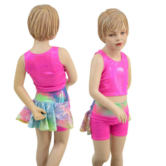 Girls Neon Pink Crop Top & Ruffle Rump Shorts With Cotton Candy Waistband Rainbow Shattered Glass 157880
