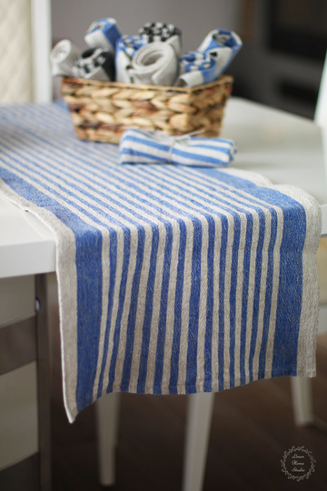 Linen Table Runner - Striped Heavy Weight Blue Stonewashed Natural Rustic Farmhouse Decor