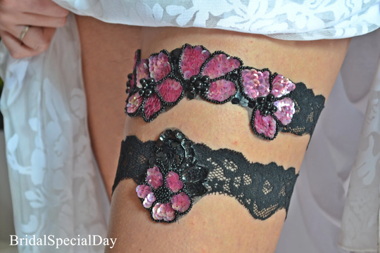 Black Plum Purple Sequins Lace Wedding Garter Set, Lilac Garters Black, Bridal Handmade