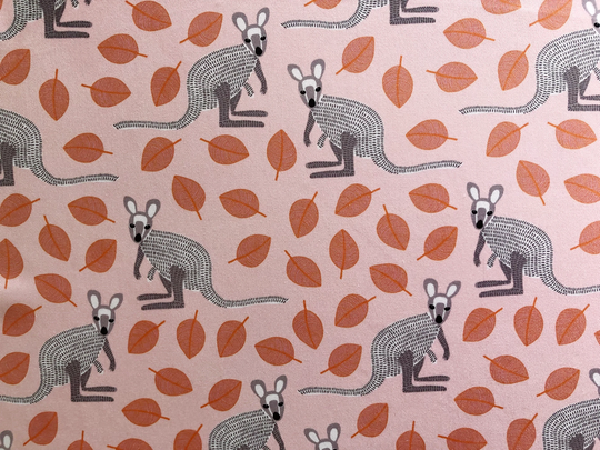 Kangaroo & Leaves Pink Floral Quilting Cotton Fabric By 1/2 Yard, Fat Quarter Fabric, Australian Wild Bush Animal