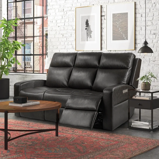 89" Wide Genuine Leather Power Reclining Sofa Home Theater Power Recliner Sofa with Storage, Adjustable Headrest, USB Port