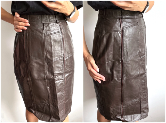 80S Brown Genuine Leather Pencil Skirt/High Waist Knee Length Lined Rise - S