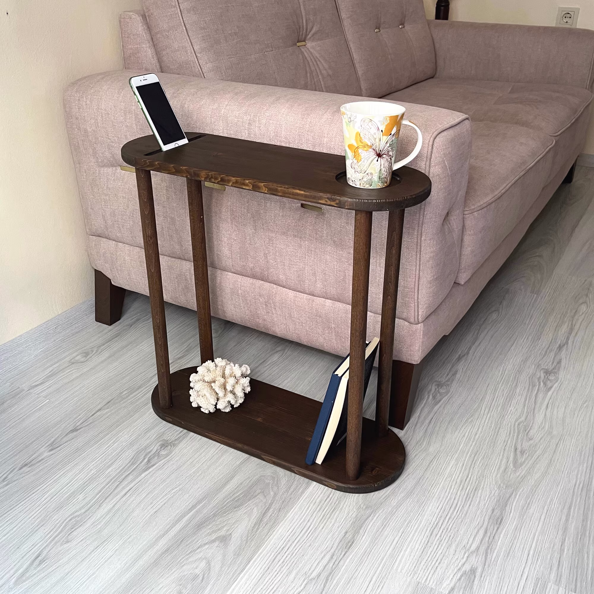 Narrow Side Table With Phone Holder, Wood For Livingroom, Slim End Table, Minimalist Coffee Tall Side