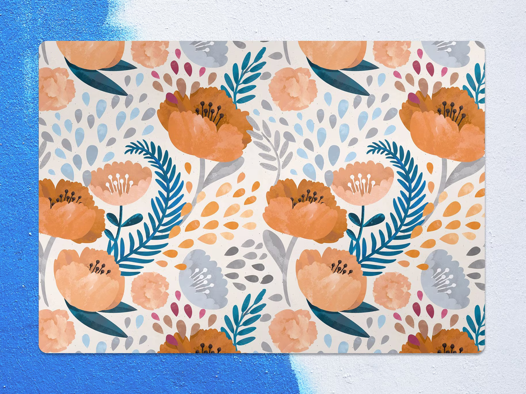 Vintage Poppy Chair Mat, Orange Vinyl Floor Blue Protective Floral Splat Pvc Decorative Kids Room Decor