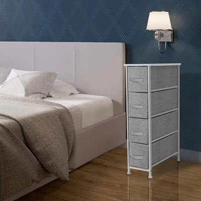 Narrow Dresser Tower With 4 Drawers - Vertical Storage For Bedroom, Bathroom, Closets, Steel Frame, Wood Top, Easy Pull Fabric Bins (White/Gray)
