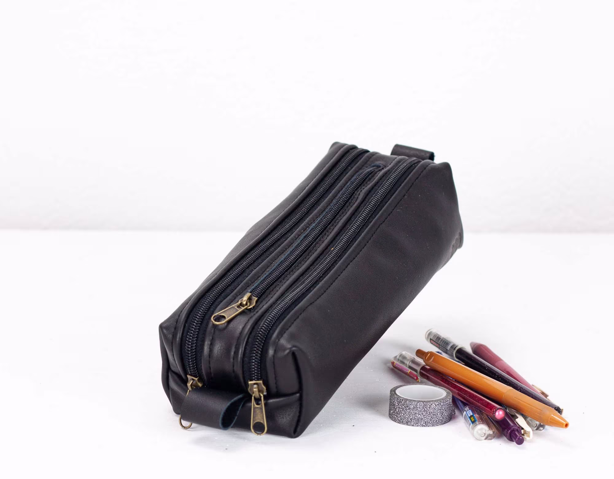 2Rec Slim Case - Large Black Leather Pencils Case, Makeup Bag Rectangular Accessory Purse Zipper Pouch Markers