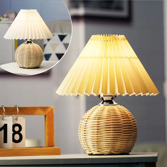 Pleated Table Lamp Rattan Base Dimmable LED Table Lamp with USB Charge