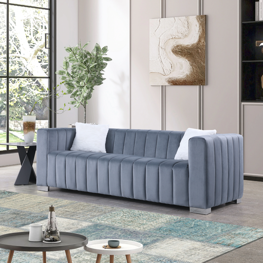 Traditional Chesterfield Style Grey Velvet Upholstery Sofa with Premium Fabrics and Expert Craftsmanship for Home Living Room
