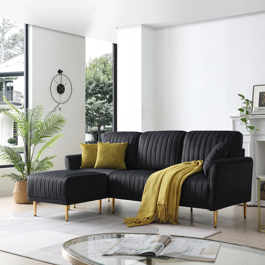Convertible Sectional Sofa With Ottoman, Stable Metal Sofa Legs And Unified Wood Cover Is Made Of High-Quality Soft Velvet