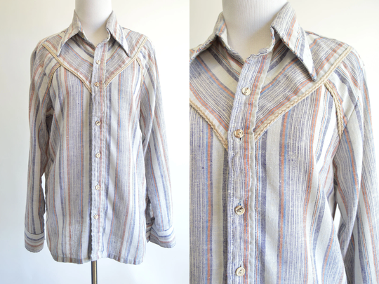 Striped Long Sleeve Button Up 1970S Western Style Collared Shirt With Rope Details On Bust Beige & Muted Colors Top Size Medium