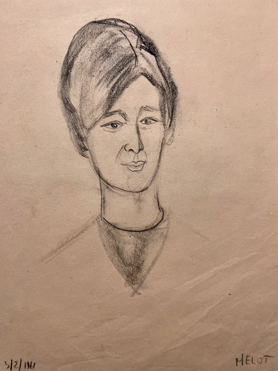 1960S French Pencil Drawing On Pink Paper. Portrait Of Parisian Woman