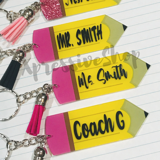 Personalized Teacher Name Acrylic Pencil Keychain With Tassel | Appreciation Back To School Gift Custom
