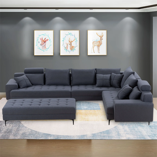 Dark Grey Reversible L-Shaped Sofa Couch Set with Ottoman