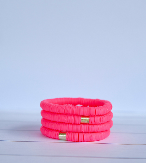 Neon Pink Clay Disc Stretch Bracelet | 8mm 1 Polymer Stacking Summer Jewelry Vsco Girl