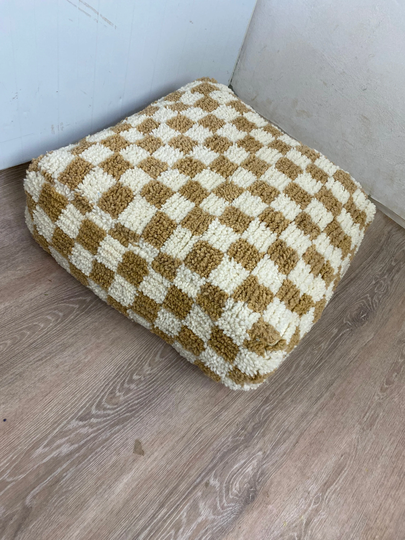 Moroccan Checkered Brown Luxurious Sofa Pouf, Exclusive Berber Artisanal Bedroom Wool Pouf Ottoman, Handmade Nursery Room Square