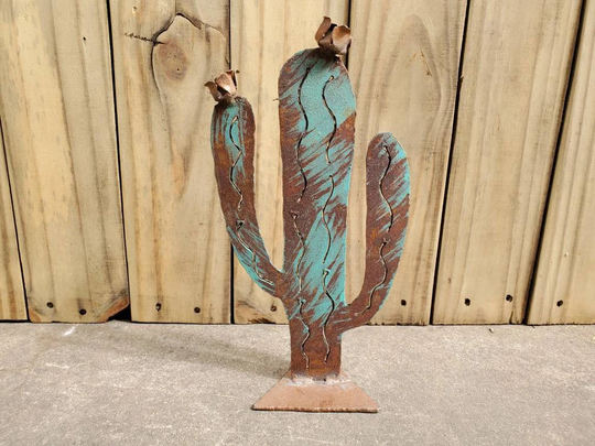 Metal Saguaro Cactus Small With Copper Painted Flower Blooms/Lightly Hand-Painted Turquoise/Rustic Southwest Steel Sculpture/Desert Souvenir