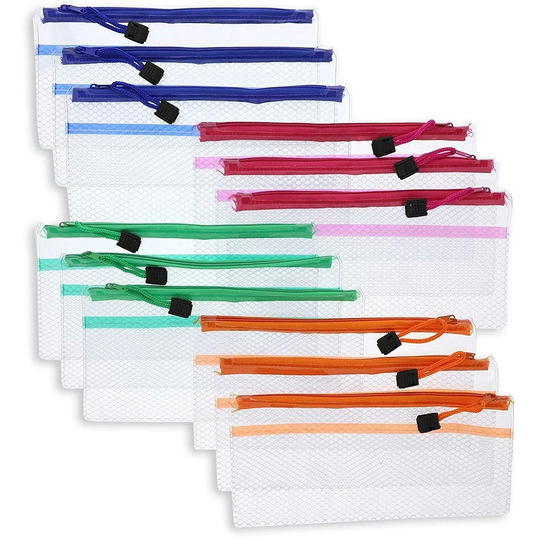 12x Waterproof Mesh Pencil Pouch Bag Case Set with 4 Zipper Colors for Makeup