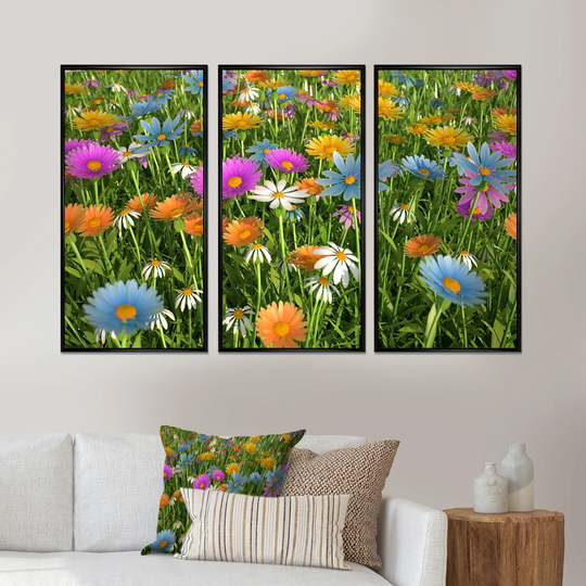 Designart 'Different Color Flowers in Field' Floral Framed Art Set of 3 - 4 Colors of Frames