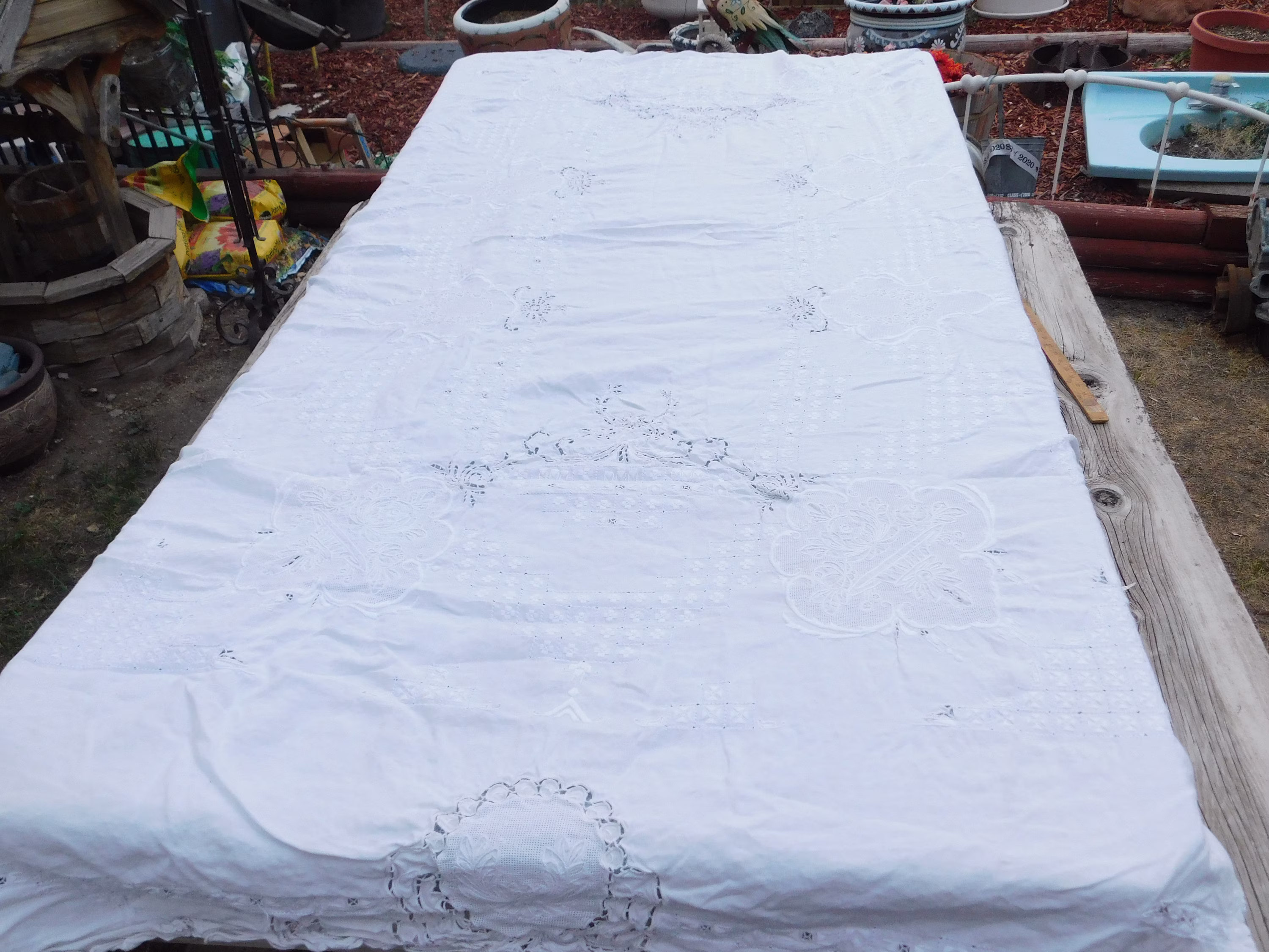 Vintage Elyot Embroidery White Table Cloth, Long Off White Fancy Cloth, Gift, Daysgonebytreasures, Dc