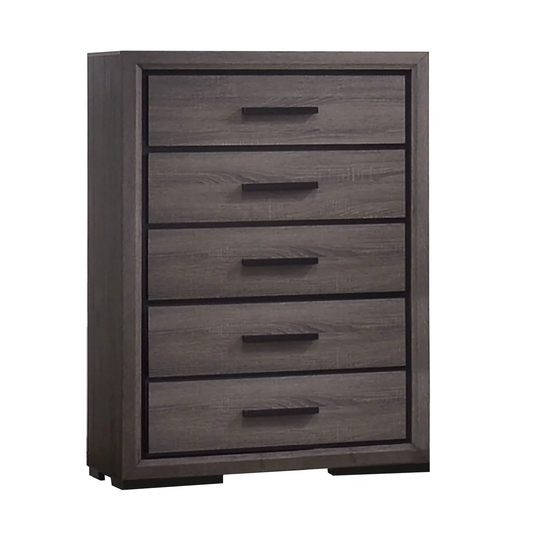 Wooden Chest with 5 Drawers and Finger Pull Handle, Gray and Black