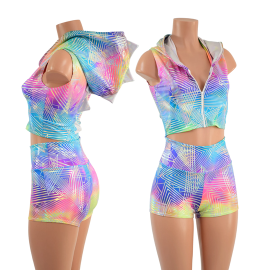 Spectrum Holographic Sleeveless Dragon Hooded Crop Top with Front Zipper & High Waist Shorts Set. Hood Liner & Spikes in Flashbulb 1579235