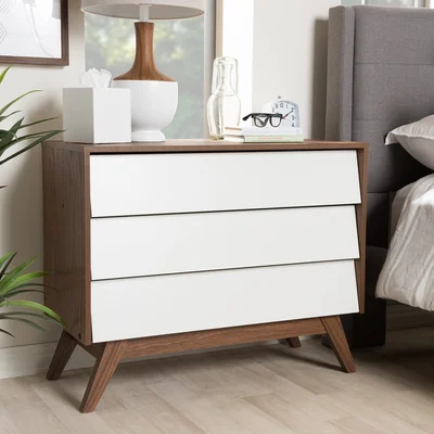 Blinda Mid-Century Modern White And Walnut Wood 3-Drawer Storage Chest