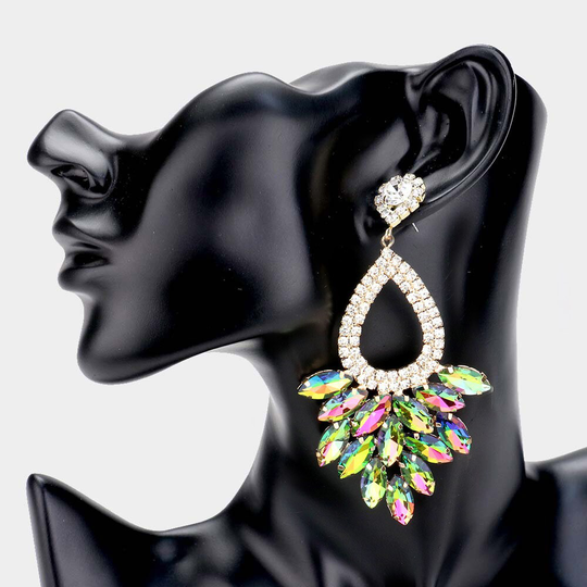 Multi Color Earrings, Long Green Crystal Earrings, Iridescent Dangle Statement Long Green Dangly Stage Earrings