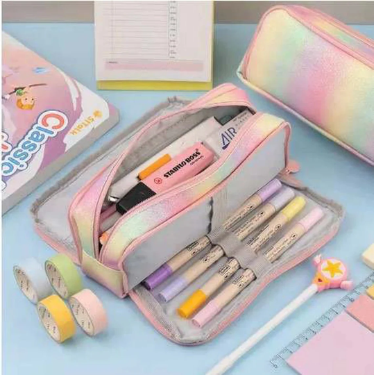 Colourful Pen Case, Large Capacity Triple Pocket Pencil Case, Cute Pencil Sign Case