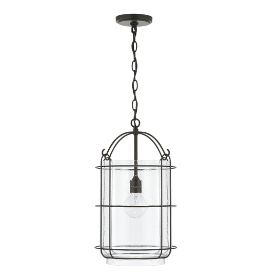 Harmon 12" 1-light Matte Black Pendant w/ Clear Seeded Glass & Outer Cage