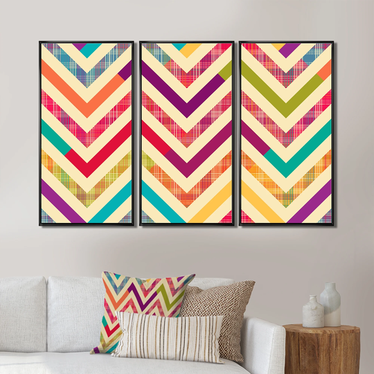 Designart 'Zigzag Bright Chevron In Retro Colors' Patterned Framed Canvas Wall Art Set of 3 - 4 Colors of Frames