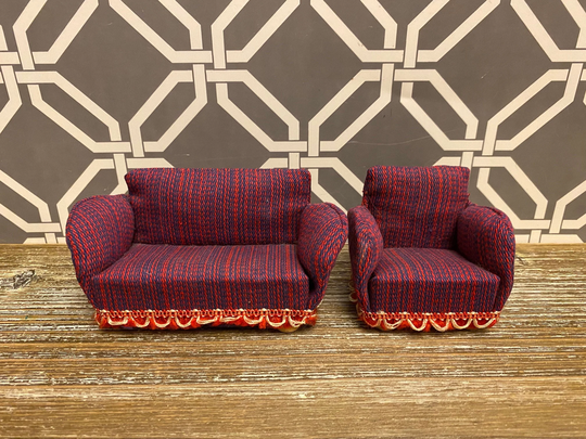 Vintage Lundby Striped Fabric Sofa Armchair Set | 1950S 1960S Dollhouse Miniature Living Room Chair Couch Loveseat Furniture 116 Scale