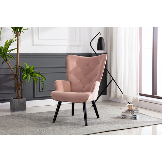 Velvet Accent Chair Modern Tufted Button Wingback Vanity Chair with Arms Upholstered Tall Back Desk Chair with Solid Wood Legs