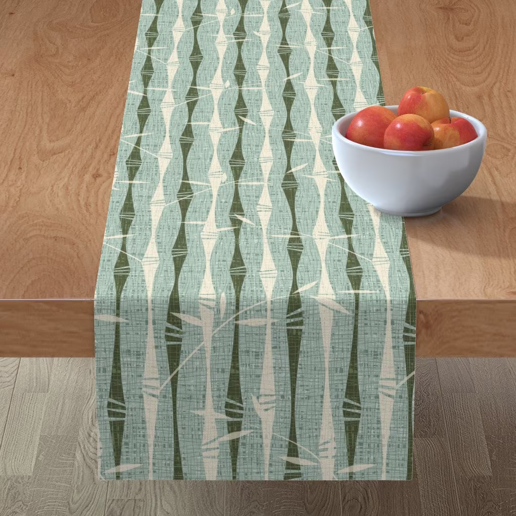 Mid Century Bamboo Table Runner - Abstract Stripes By Studioxtine Vintage Leaves Retro Cotton Sateen Spoonflower