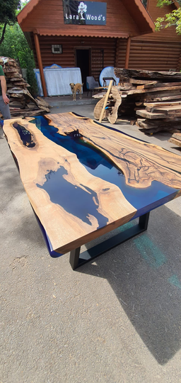 Walnut Dining Table, Custom 84" X 40" Blue, Turquoise, Green Epoxy Live Edge Order For Billy