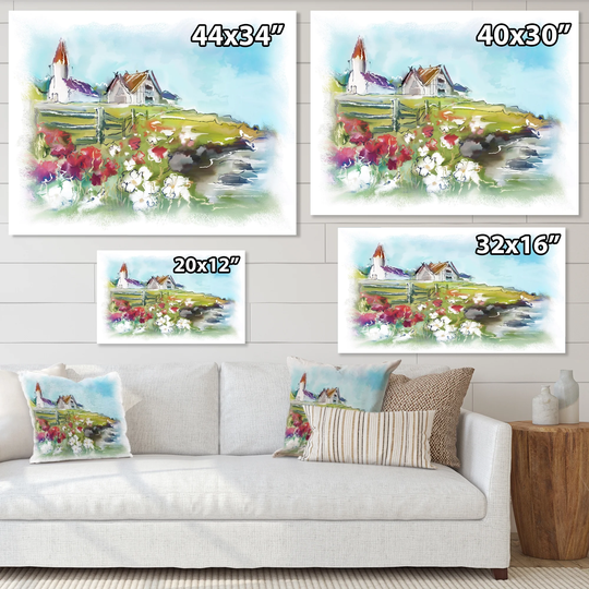 Designart 'White Buildings On Colorful Green Meadow' Country Canvas Wall Art Print