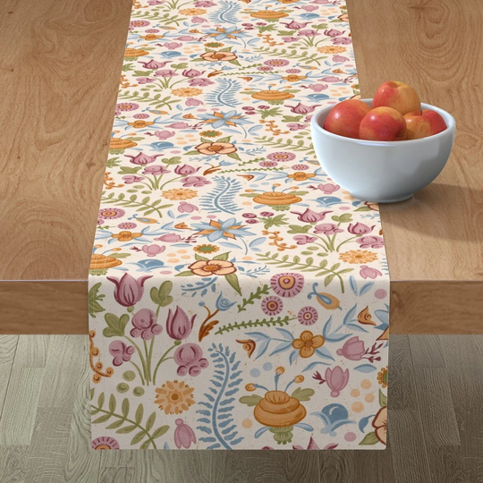 Folk Floral Table Runner - Swedish Art By Dasbrooklyn Intage Flowers Orange Autumn Cotton Sateen Spoonflower