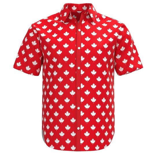 Red & White Maple Leaf Canada Canadian Flag Geometric Pattern Men's Button Shirt Collar Short Sleeve