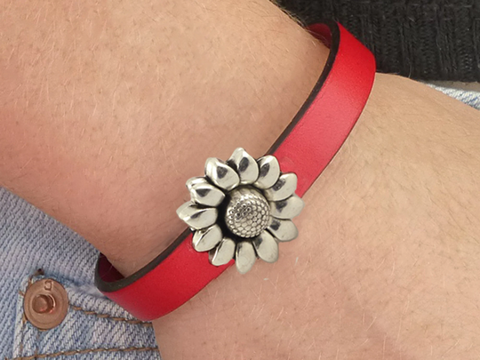Sunflower Bracelet Red Leather Jewelry, Magnetic Clasp Silver Flower Bracelet, Modern Summer Jewelry For Women, Garden Gift Her
