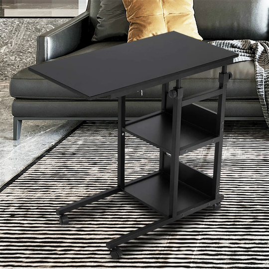 C Shaped Height Adjustable White Side Table with Wheels Snack End Table with Storage Shelf Sofa Table with Metal Frame