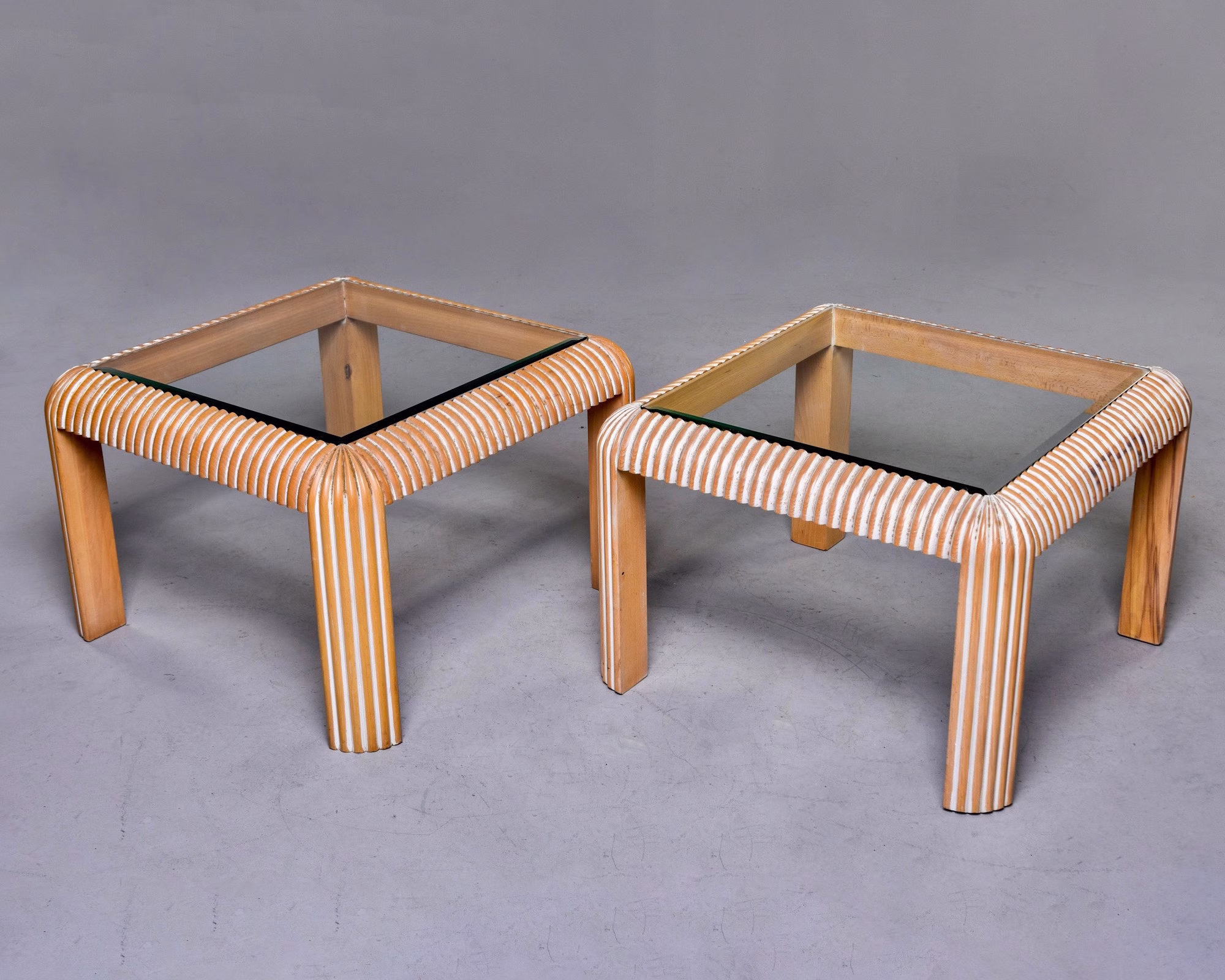 Mid Century Cerused Side Tables With Reeded Legs & Glass Tops - Pair [10016]