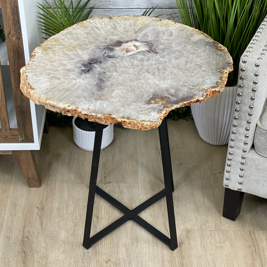 Natural Brazilian Agate Side Table, Single Slice On A Black Metal Base, 24.75" Tall #1307-0021 By Brazil Gems
