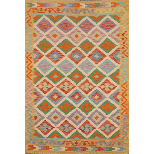 Geometric Colorful Kilim Reversible Area Rug Hand-woven Wool Carpet - 5'0"x 6'9"