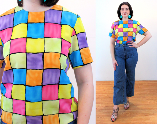 90S Pastel Color Block Top S, Vintage Rainbow Checkerboard "Notations" Blouse, Small