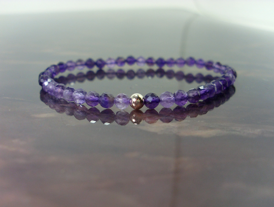 Dainty Amethyst Faceted Bracelet 4mm + Sterling Silver Bead, Natural Gemstone Bracelet, Stretch Beaded For Women Girl Gift Bag