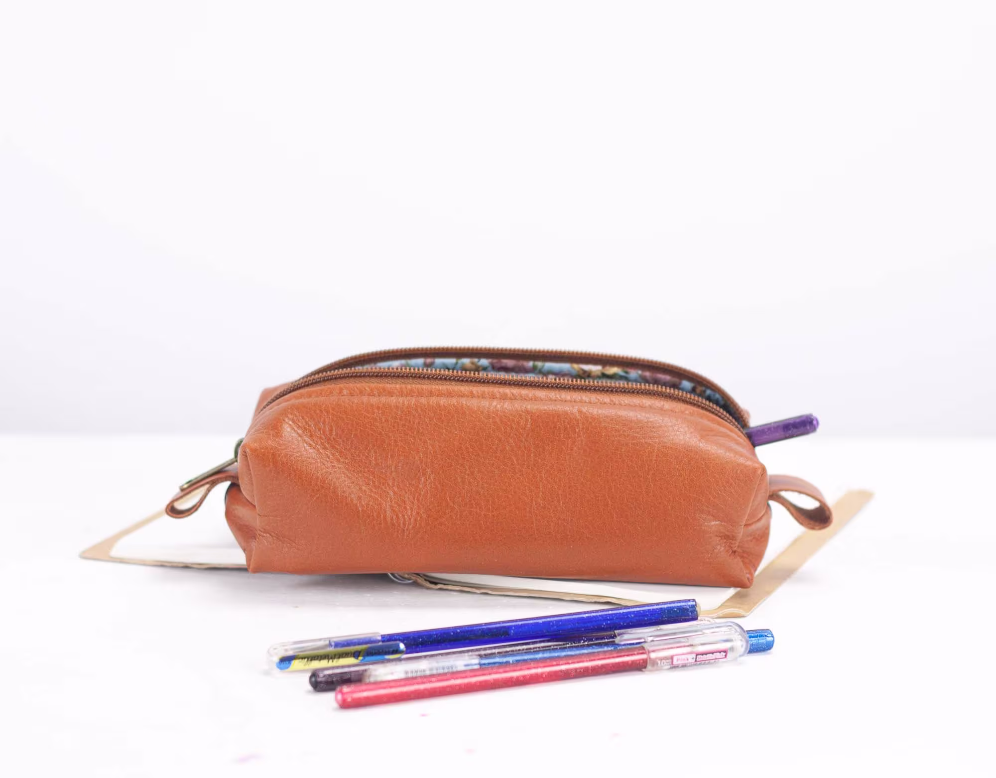 Rec Case - Tan Brown Leather Pencils Case, Rectangular Accessory Bag Purse Glasses Markers Zipper Pouch