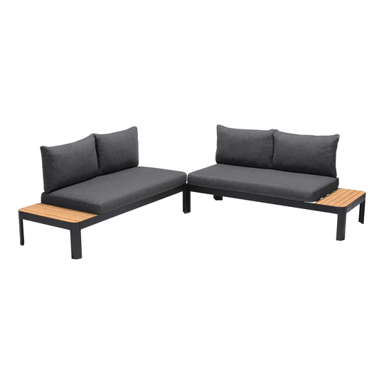 Outdoor Sofa with Slatted Snack Tray and Removable Cushions, Set of 2, Black