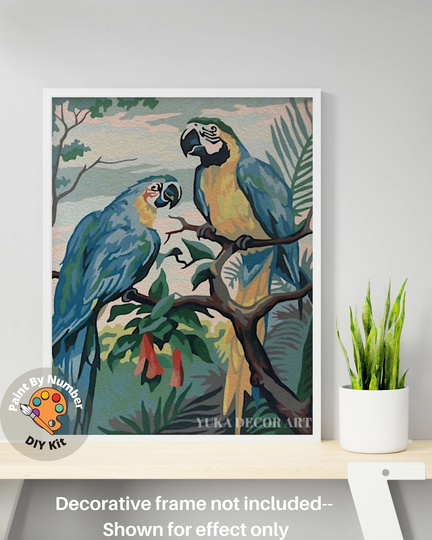 Blue Macaw Bird Vintage Paint By Number Kit | Adult Diy Painting Birds in Lake, Easy Beginner Oil Painting, Vintage Art Decor Gift