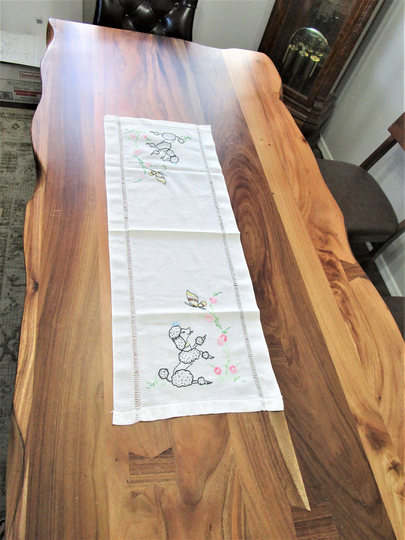 Vintage Runner- Table- 1950S- Mcm- Mid Century- Handmade- Ooak- One Of A Kind- Poodle- Embroidered- Multicolored - Table Décor- Cottage