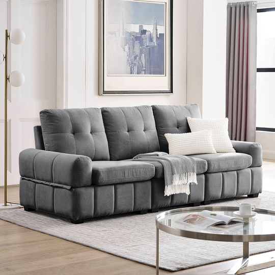 93" Modern Tufted Living Room Sleeper Three-section Sofa with Storage Space and High Back Height Fabric Upholstered Futon Sofa
